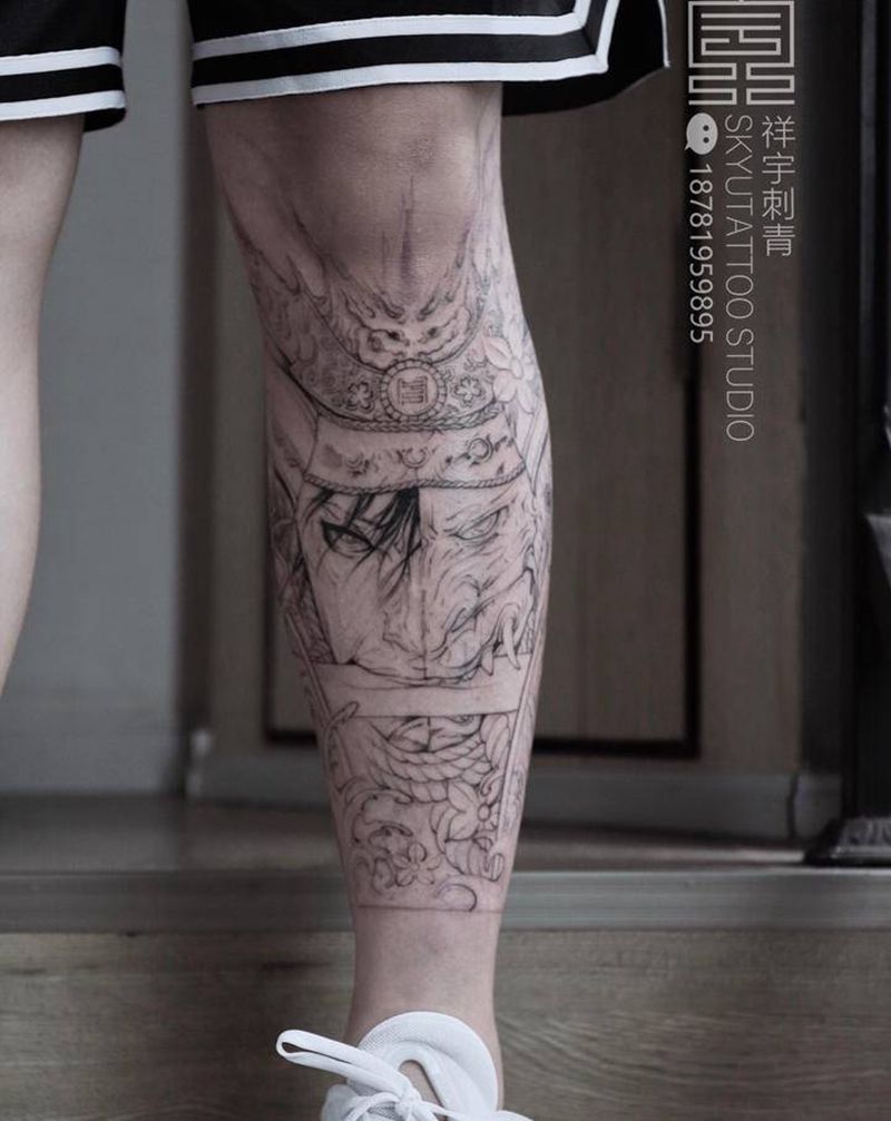 鬼武士未完纹身图片_腿部新传统纹身图案