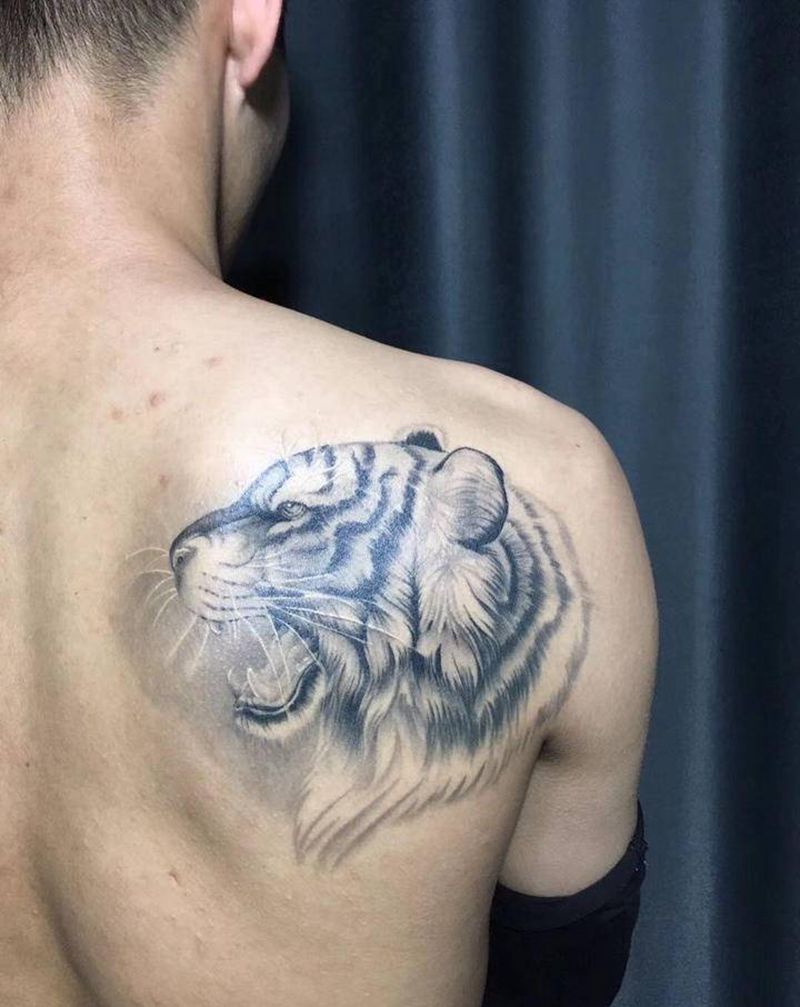 写实虎头纹身图片_肩部背部欧美写实新传统纹身图案