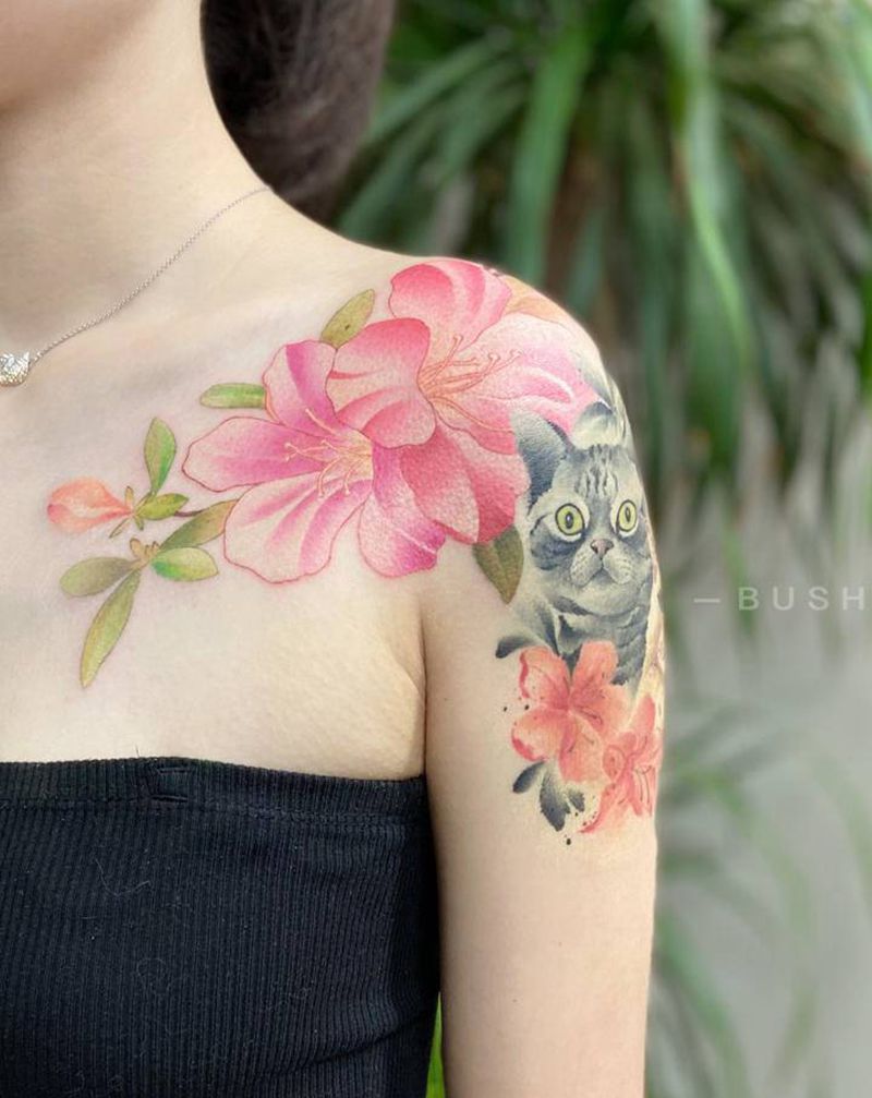 肩花纹身图片_肩部胸部水彩水墨纹身图案