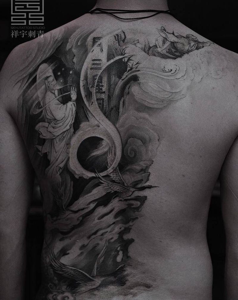 猴王学艺纹身图片_背部新传统大圣纹身图案