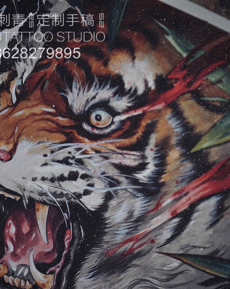 定制手稿纹身图片_背部新传统老虎纹身图案