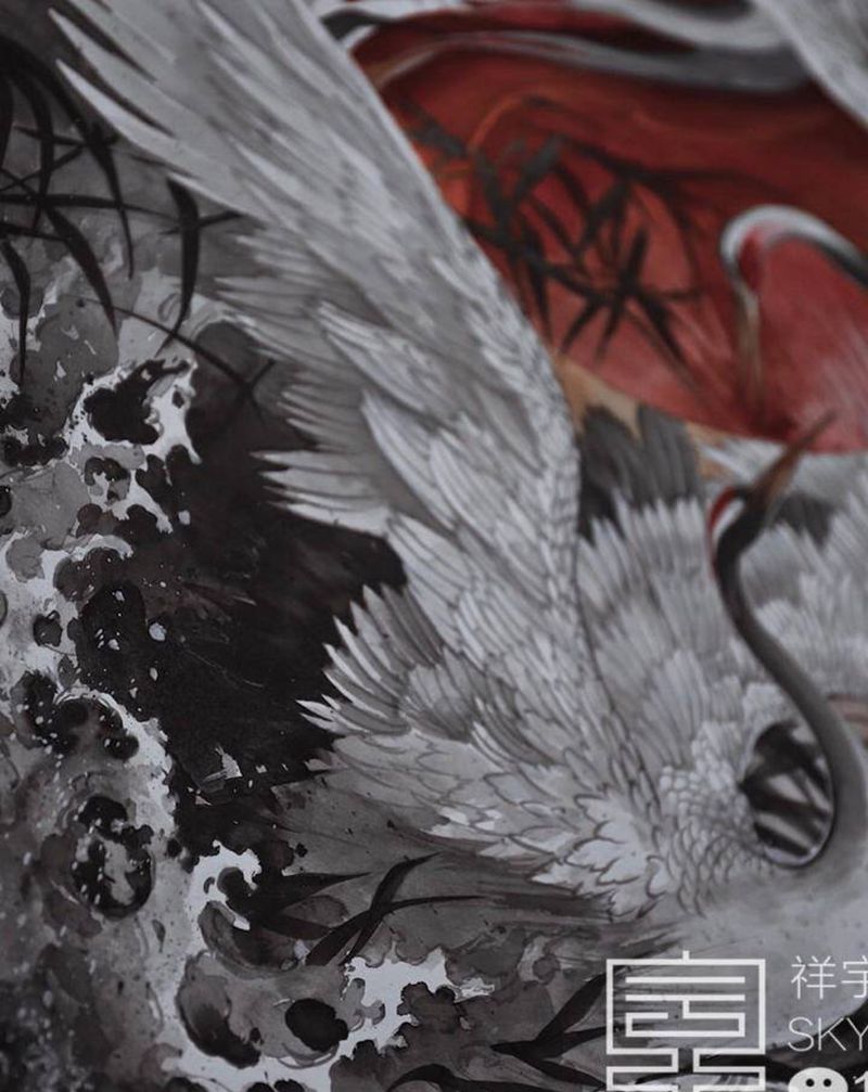 定制手稿纹身图片_背部新传统仙鹤纹身图案