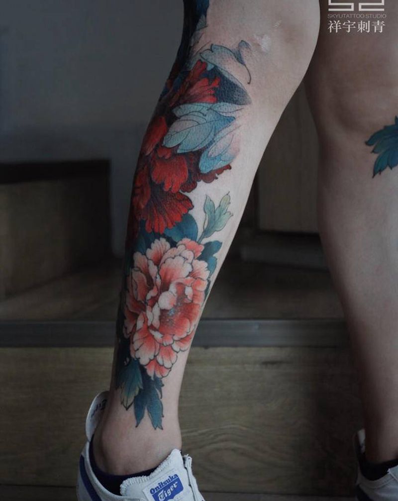 花开富贵纹身图片_腿部脚部新传统纹身图案