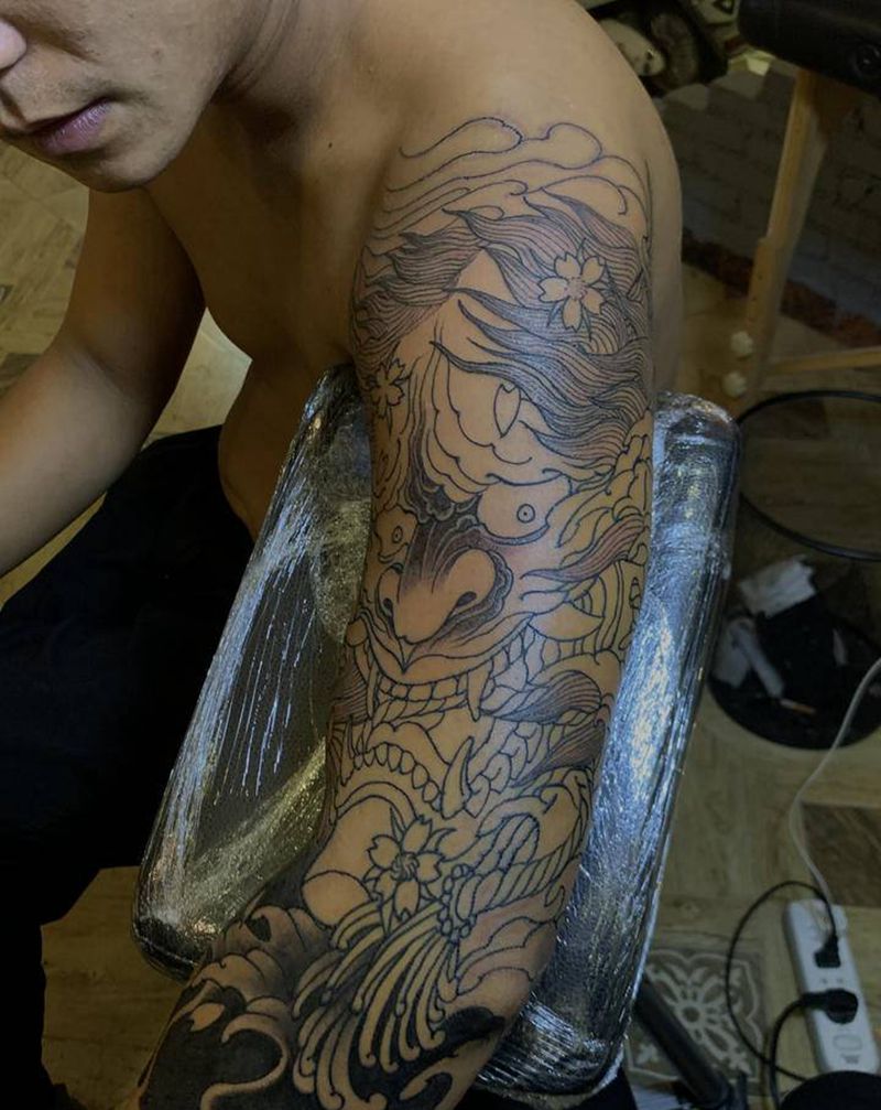 7分袖般若未完纹身图片_手臂手部老传统新传统般若亚洲传统纹身图案