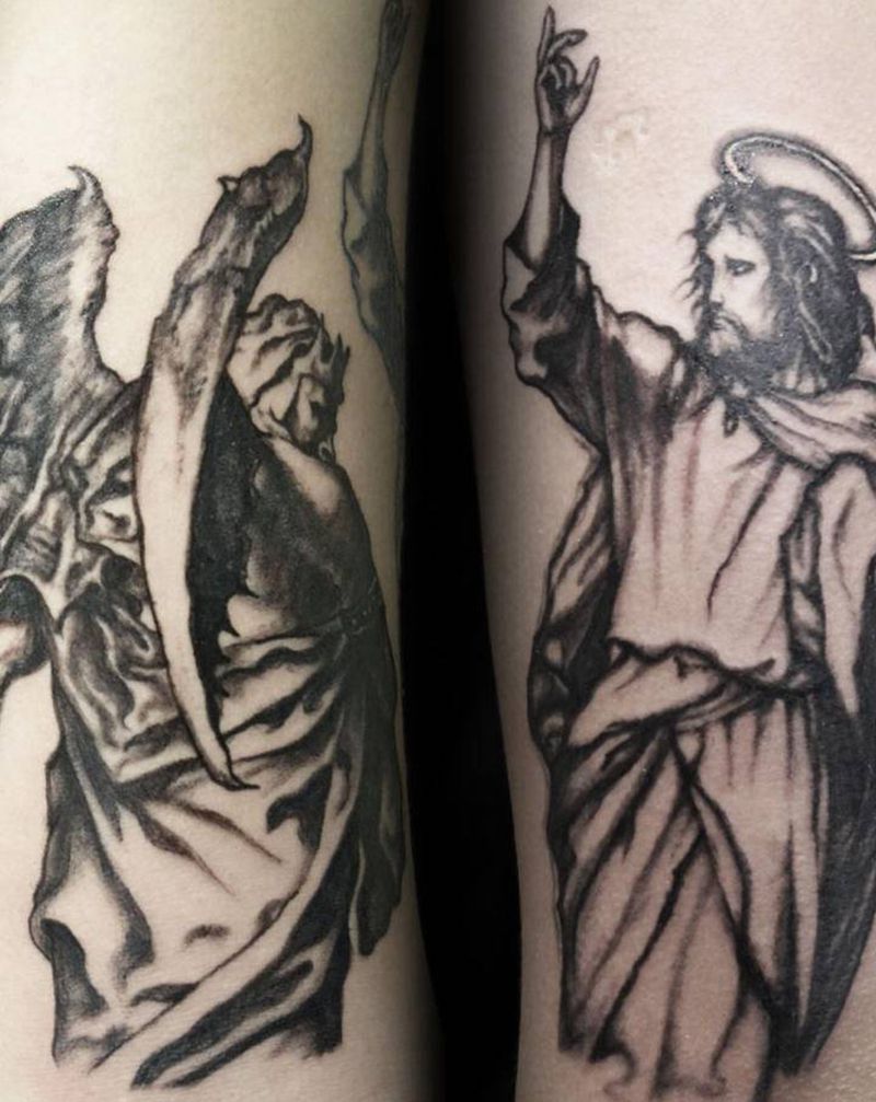 撒旦和耶稣纹身图片_手臂欧美写实纹身图案