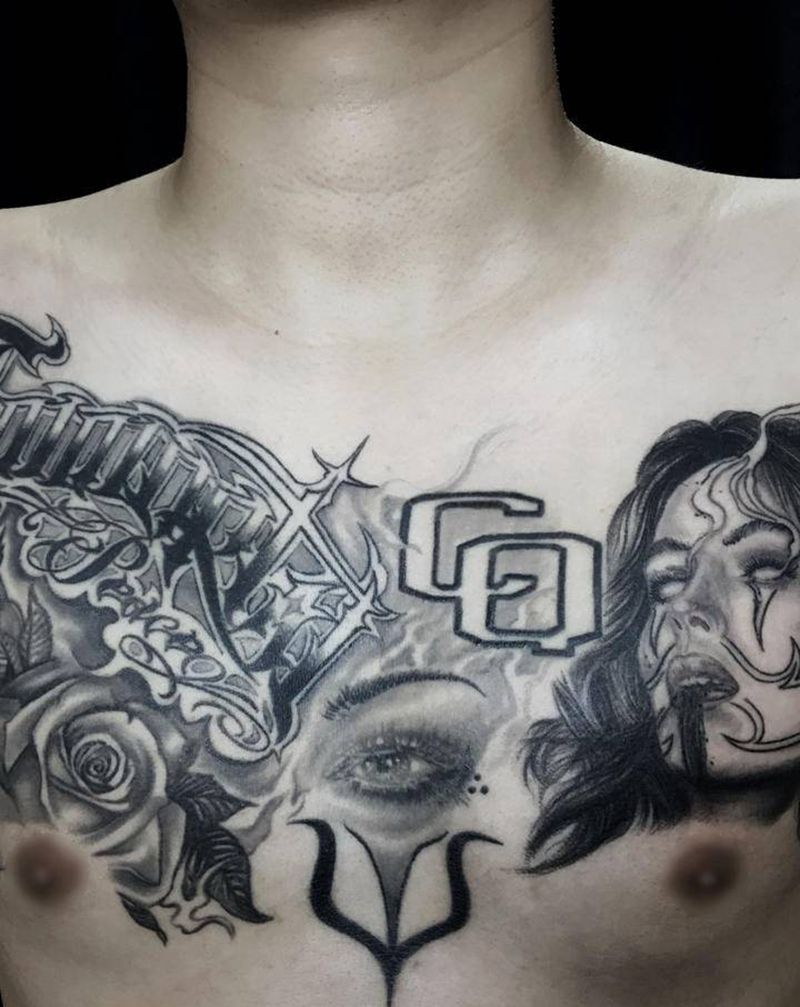 奇卡诺花胸纹身图片_胸部欧美写实花体字匪帮纹身图案