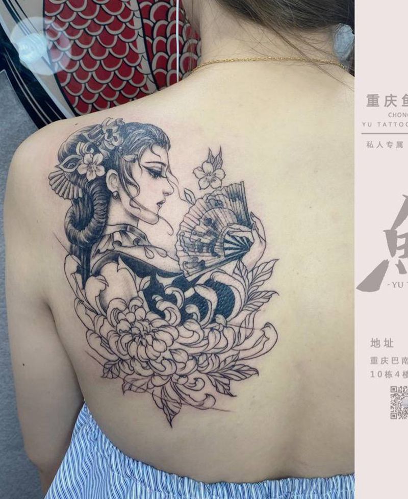 艺妓纹身纹身图片_背部新传统点刺纹身图案