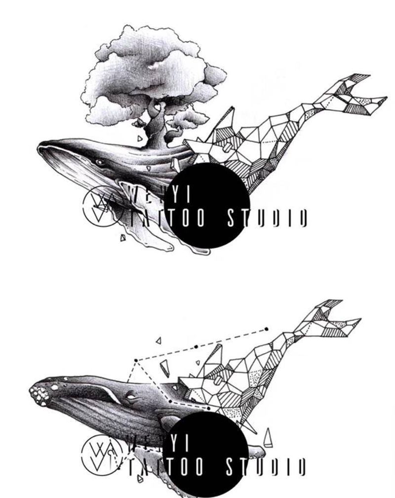 原创情侣图纹身图片_肩部手臂Old SchoolNew School鲸鱼卡通点刺纹身图案