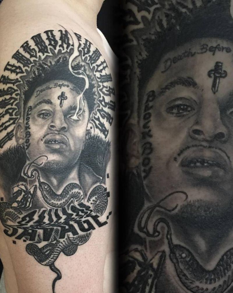 21savage纹身图片_手臂欧美写实花体字纹身图案