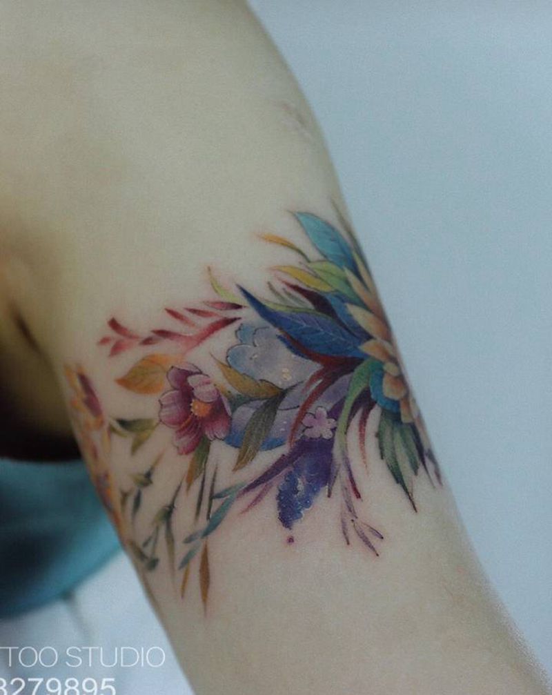 向日葵臂环纹身图片_手臂水彩花卉纹身图案