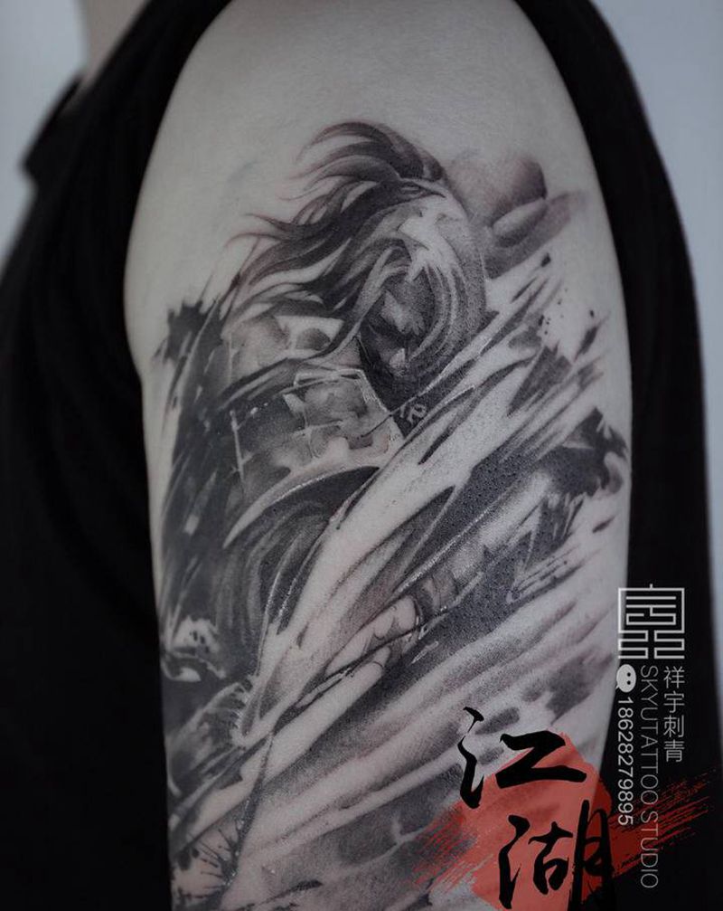江湖纹身图片_手臂水墨武侠纹身图案