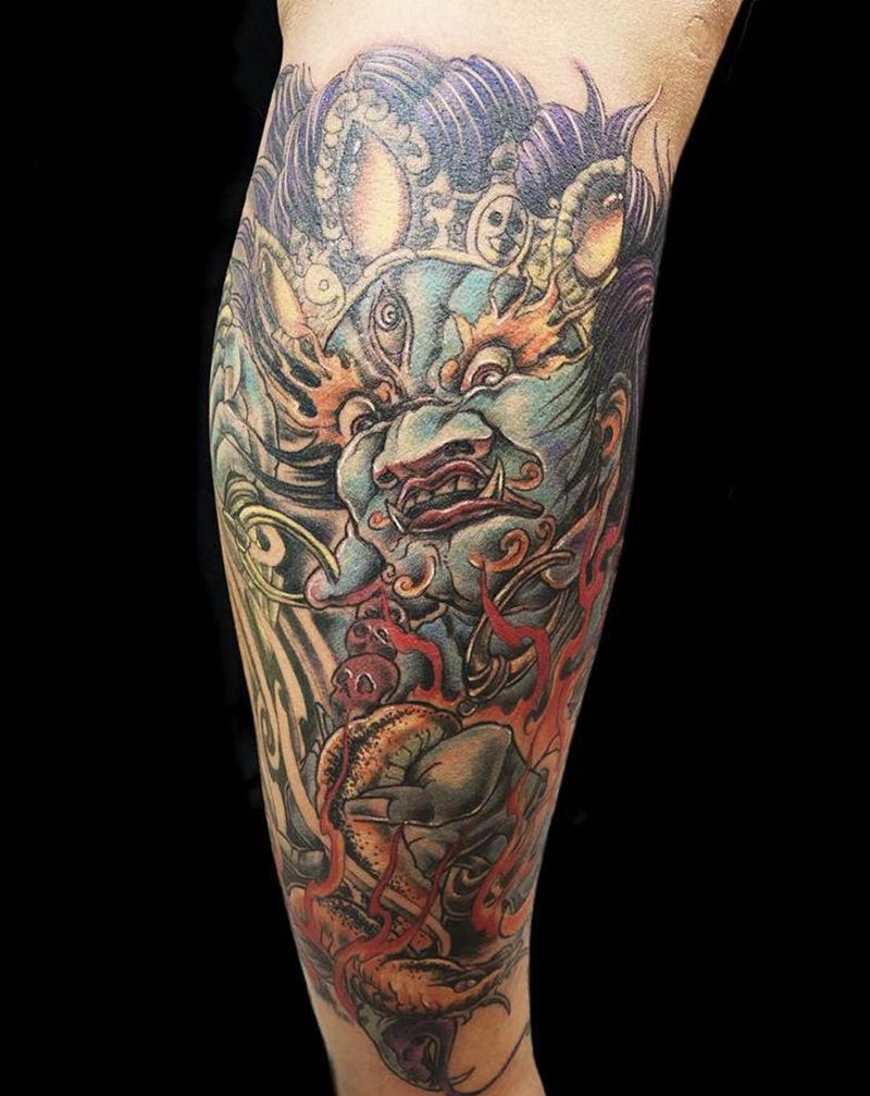 不动明王纹身图片_腿部新传统纹身图案