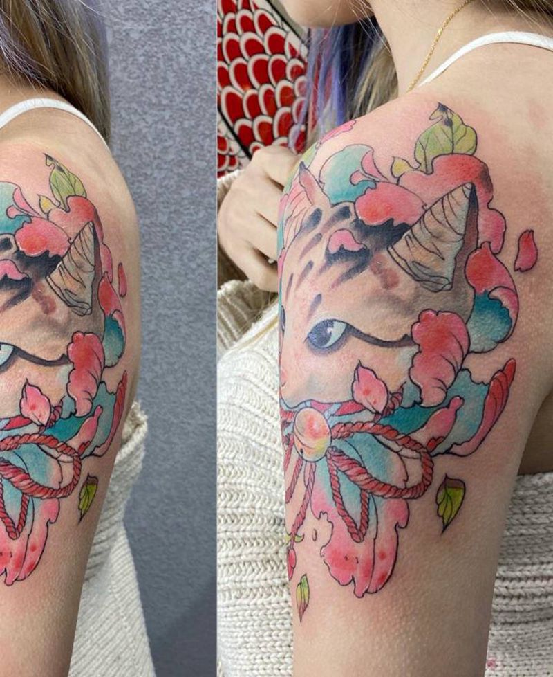 招财猫纹身纹身图片_手臂水彩纹身图案