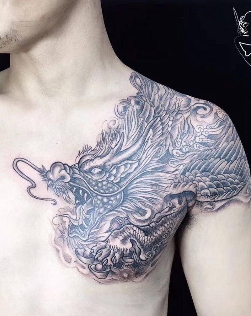 饕餮纹身纹身图片_胸部新传统纹身图案