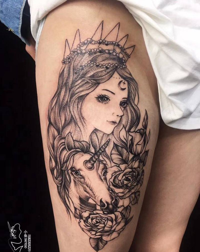 大腿独角兽与美女纹身图片_腿部点刺纹身图案