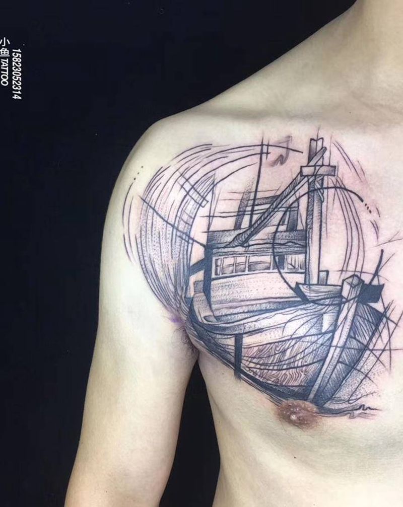 帆船纹身图片_胸部点刺纹身图案