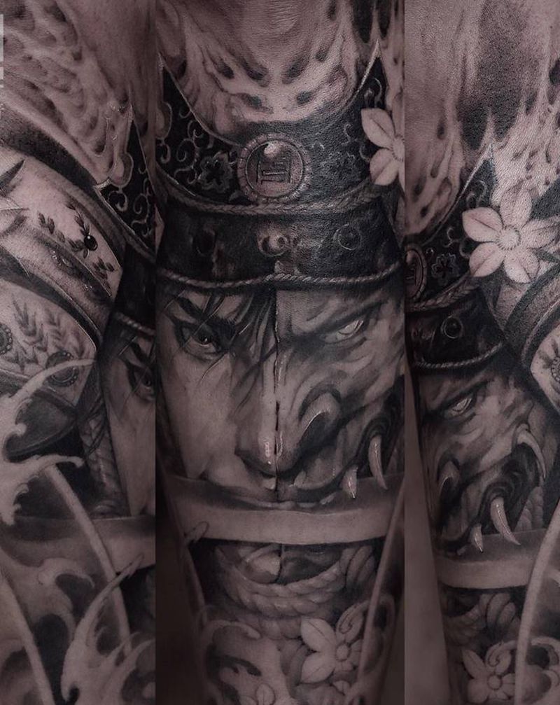 鬼武士纹身图片_腿部新传统鬼武士纹身图案