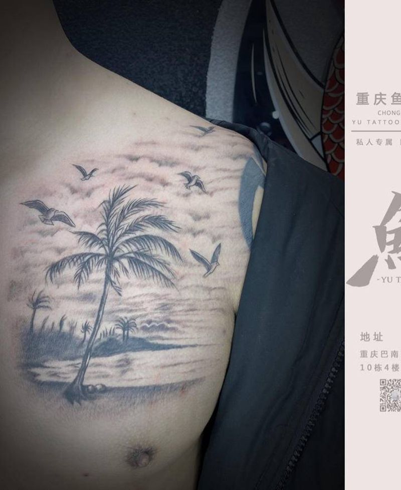 沙滩 椰树 海边纹身图片_胸部水墨纹身图案