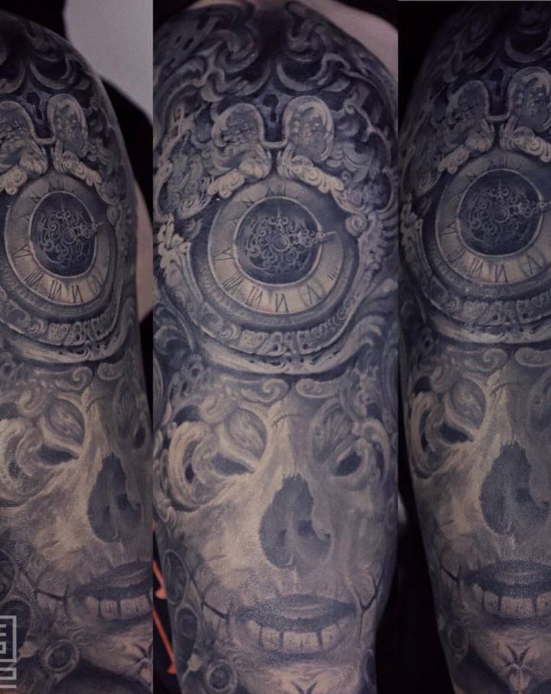 遮盖纹身图片_手臂欧美写实骷髅纹身图案