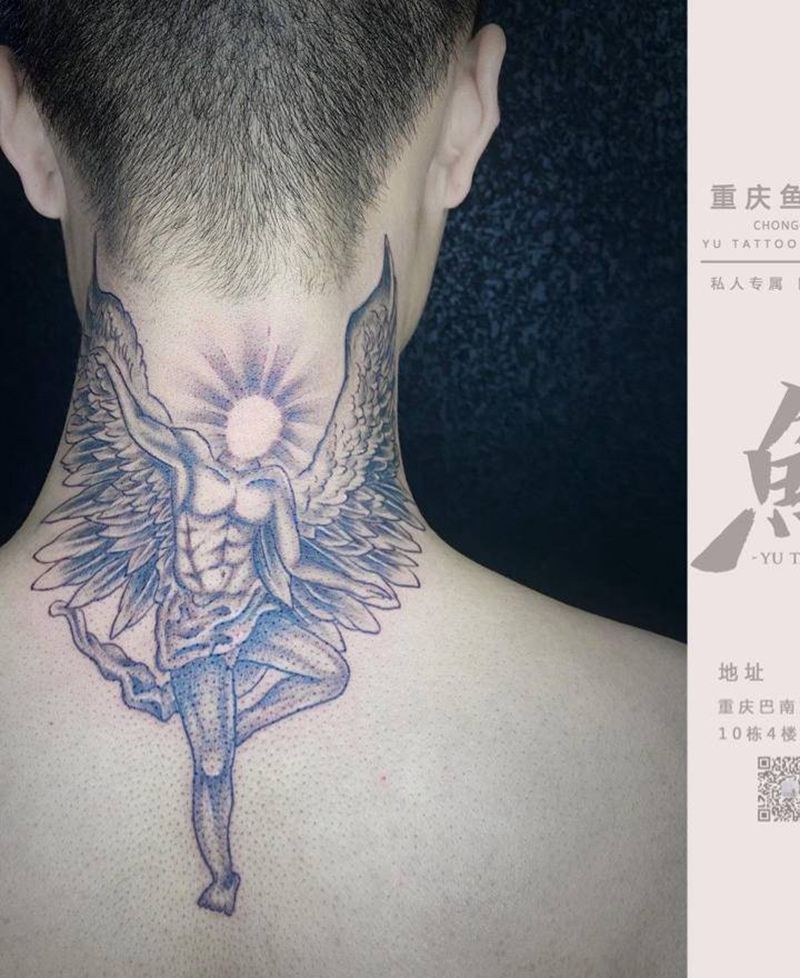 权志龙同款堕落天使纹身图片_颈部几何点刺纹身图案