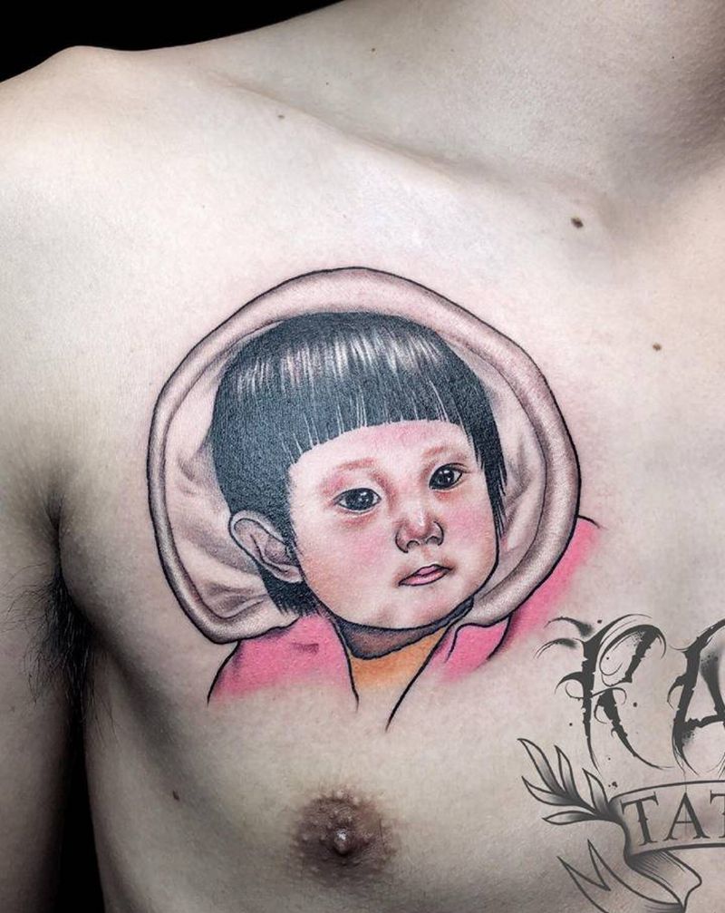 小盆友肖像纹身图片_胸部New School肖像纹身图案