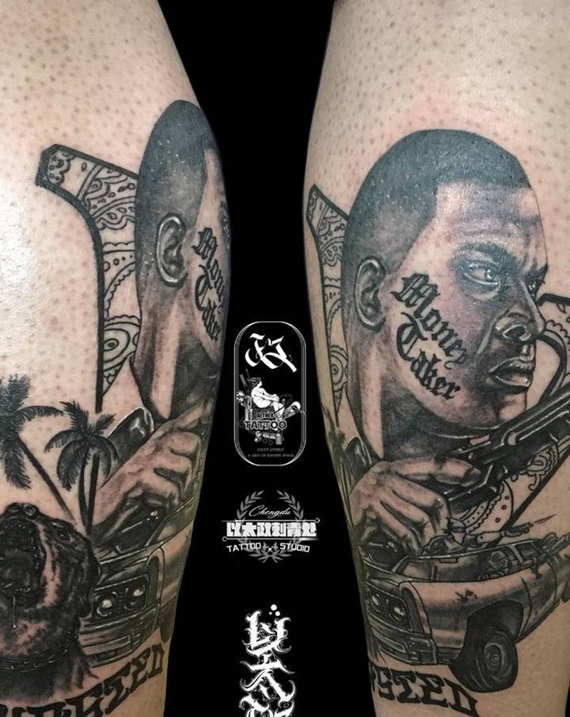 侠盗飞车V富兰克林纹身图片_腿部欧美写实花体字纹身图案
