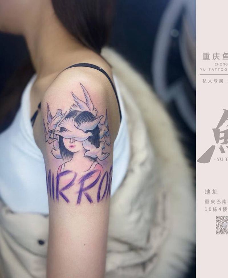 镜像白鸽纹身图片_手臂水彩纹身图案