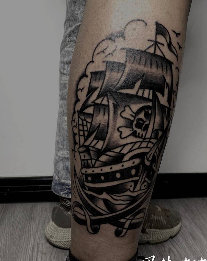 海盗船纹身图片_腿部Old School纹身图案