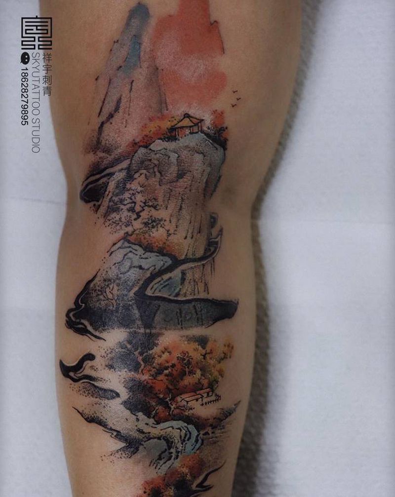山居秋瞑纹身图片_手臂水墨山水写意纹身图案