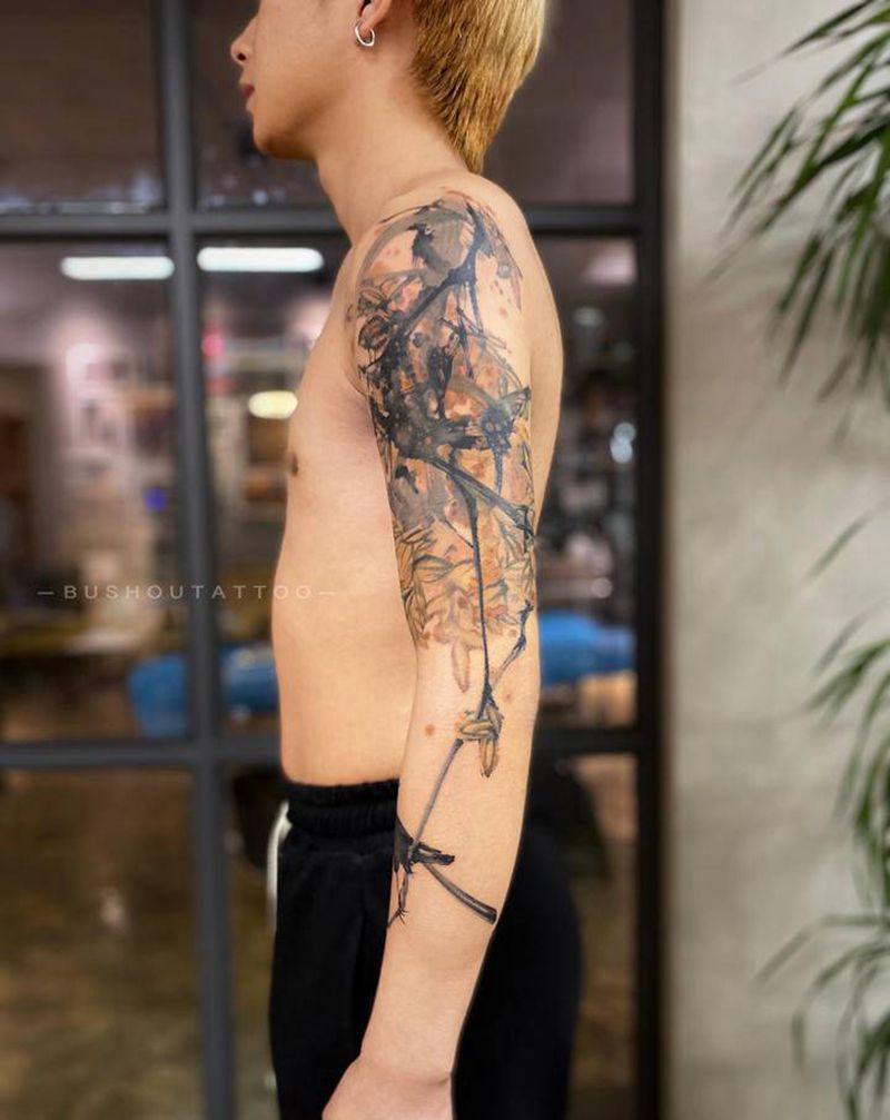 一夕半秋纹身图片_手臂手部水墨水彩花鸟纹身图案
