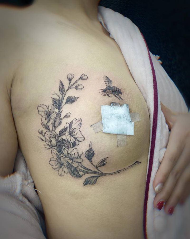 素花纹身纹身图片_胸部点刺纹身图案