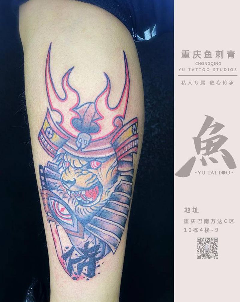 虎武士纹身图片_腿部Old School纹身图案