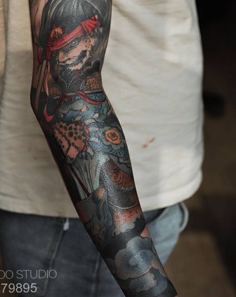 星宿箕水豹纹身图片_手臂新传统神话星宿纹身图案