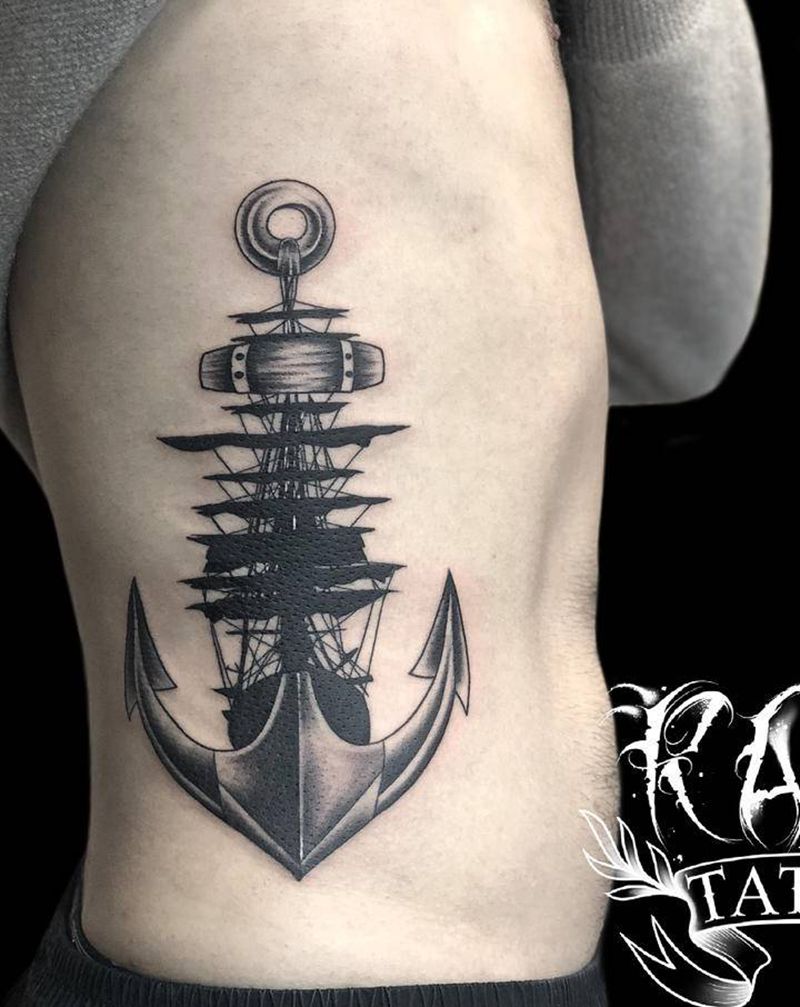 侧腰船锚⚓️纹身图片_腰部图腾船锚纹身图案