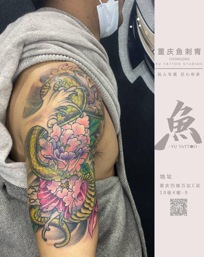 牡丹花旧纹身修改纹身图片_手臂新传统纹身图案