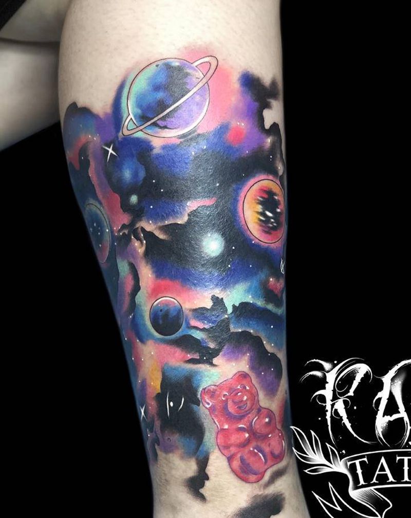 小腿星空遮盖疤痕纹身图片_腿部水彩New School遮盖星空纹身图案