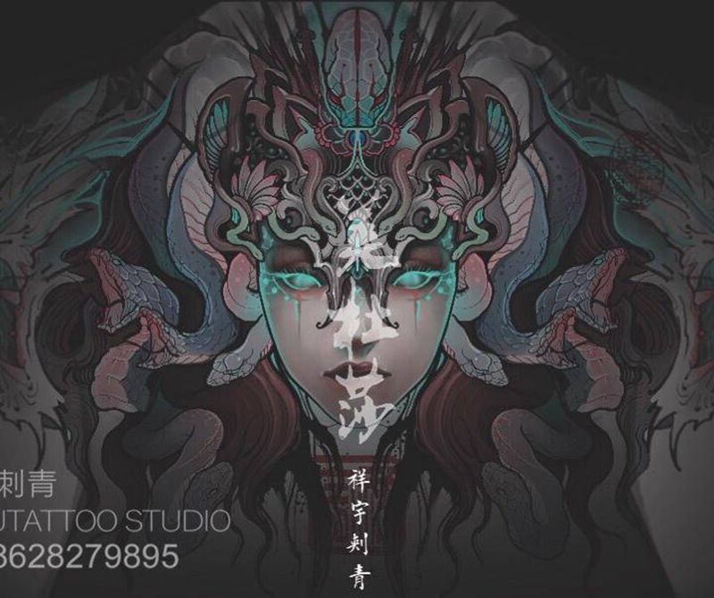 定制手稿纹身图片_肩部New School美杜莎纹身图案