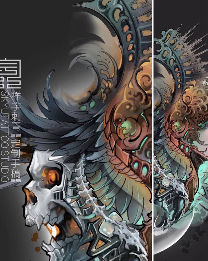 定制手稿纹身图片_手臂New School骷髅 圣女纹身图案