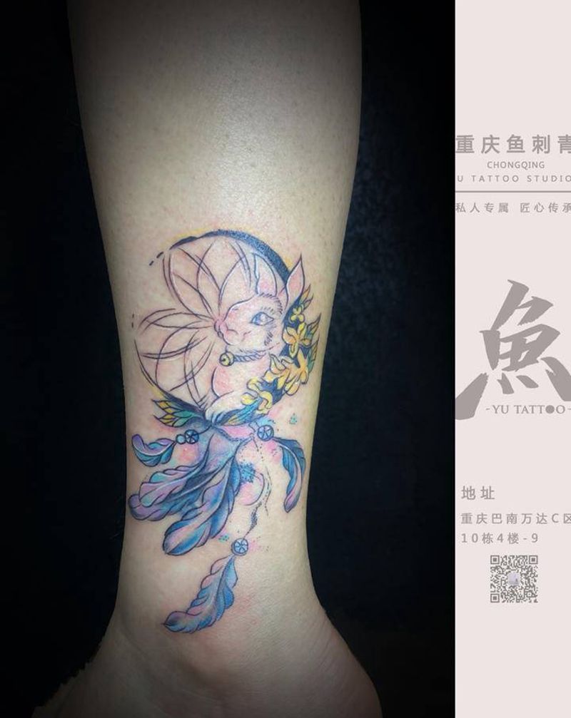 捕梦网遮盖纹身图片_腿部水彩纹身图案