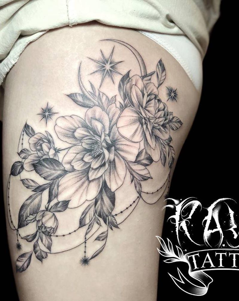 大腿花花纹身图片_臀部腿部点刺素花牡丹纹身图案