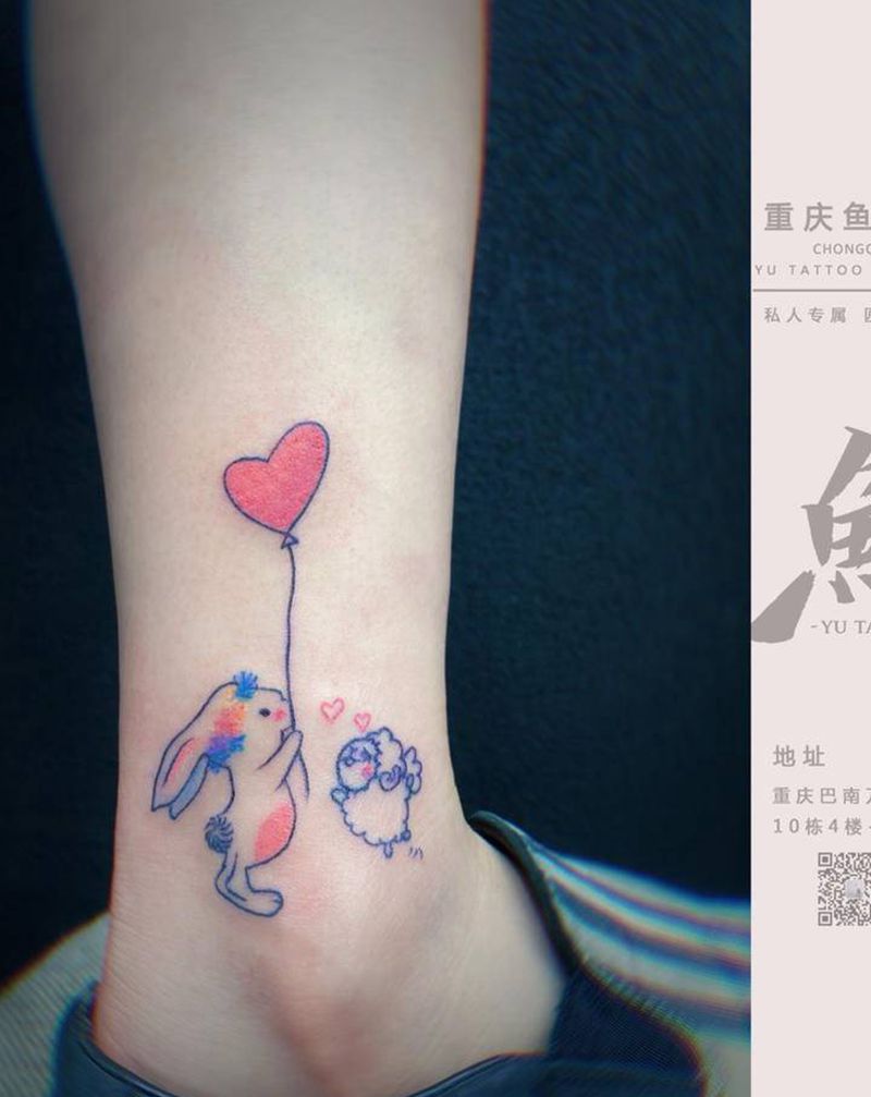 小兔子与小羊纹身纹身图片_腿部水彩纹身图案