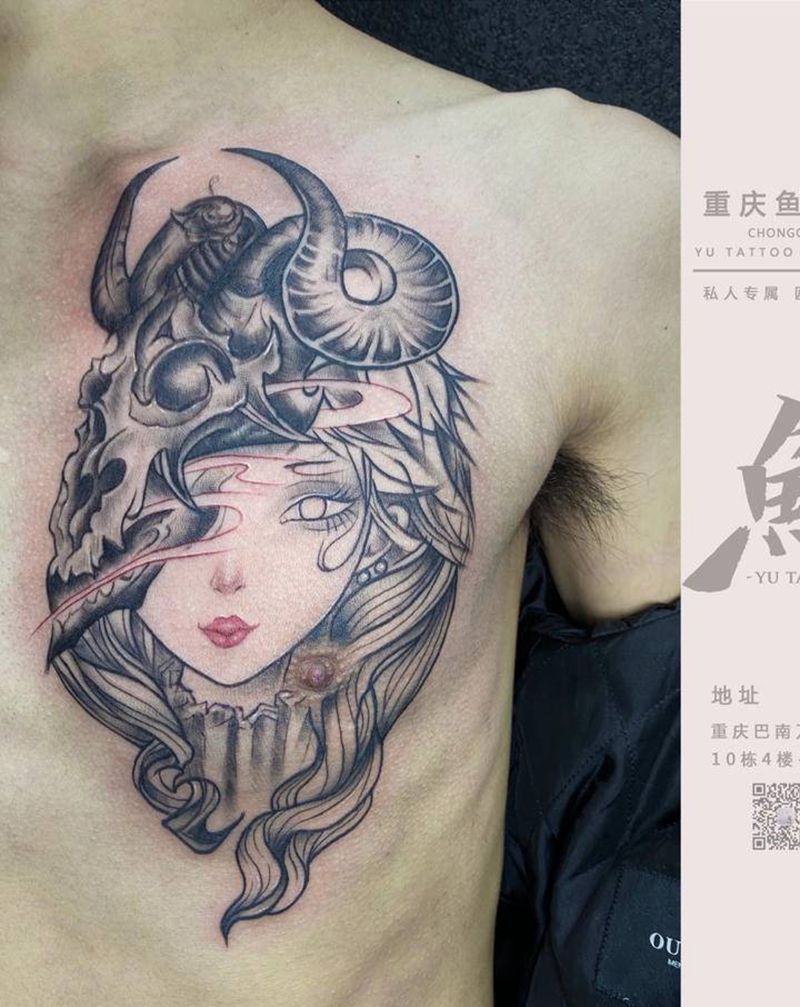 羊头美女纹身图片_胸部New School纹身图案