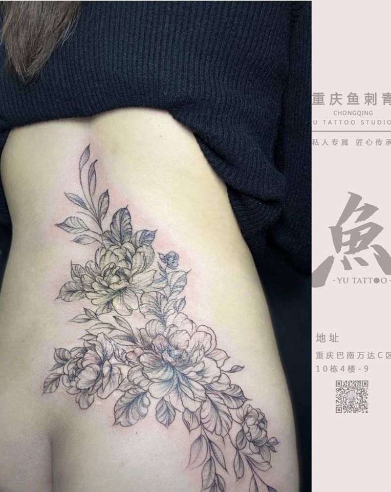 疤痕遮盖素花纹身图片_腰部点刺纹身图案