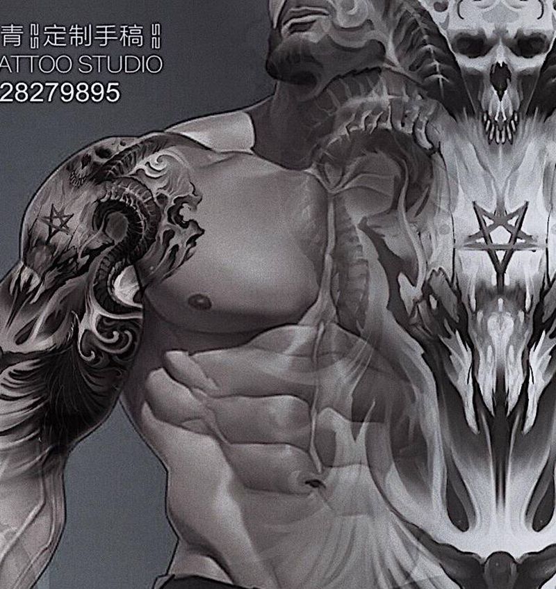 定制手稿纹身图片_手臂欧美写实骷髅 撒旦纹身图案