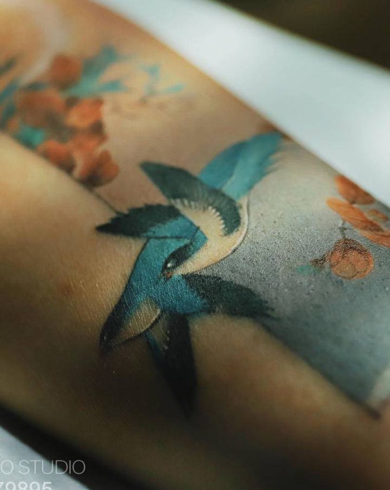 春晖纹身图片_手臂工笔 花鸟纹身图案