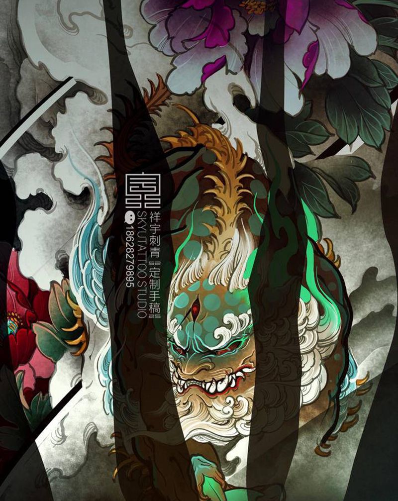 定制手稿纹身图片_腿部新传统唐狮纹身图案