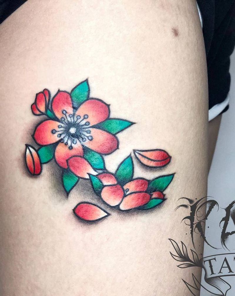 旧图换新颜纹身图片_腿部老传统樱花纹身图案