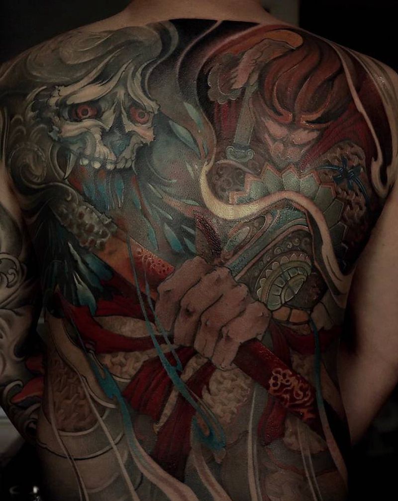 斬灵纹身图片_背部新传统齐天大圣纹身图案