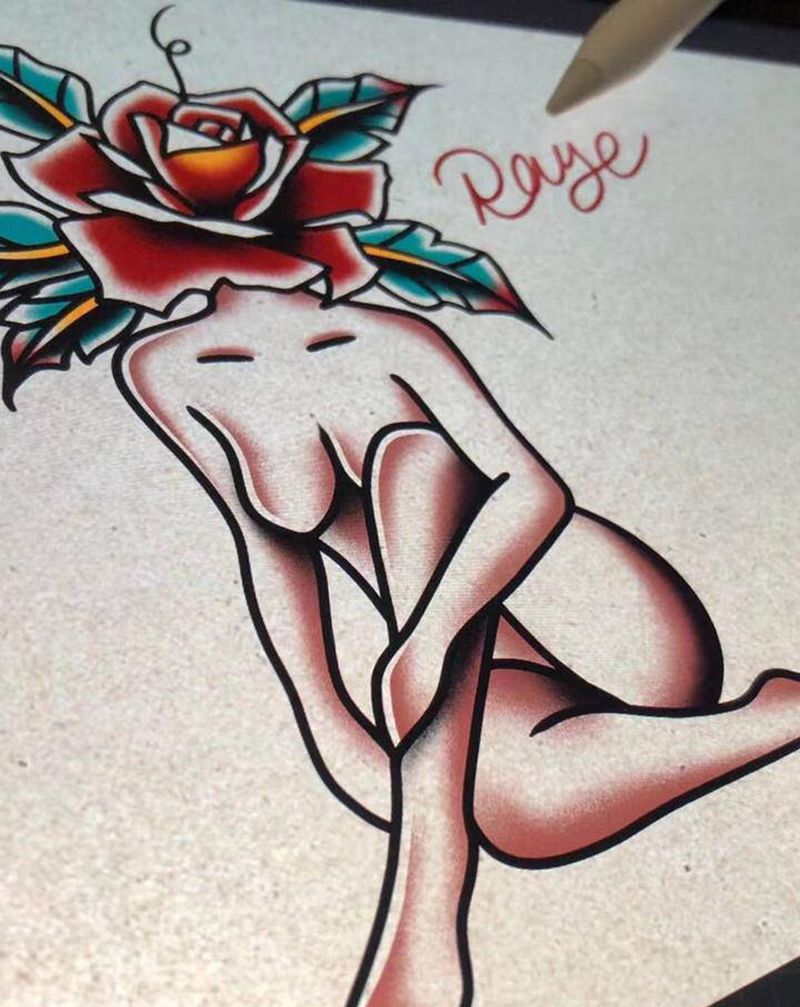 新稿 可约纹身图片_手臂腿部Old School玫瑰女人纹身图案