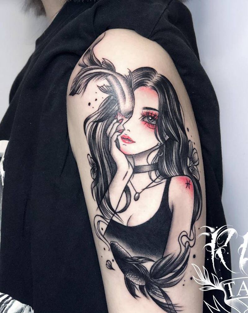 双鱼姬纹身图片_手臂Old School双鱼座纹身图案